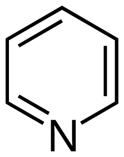 Pyridine, a 6 membered heterocyclic organic compound, methine hydrogen atoms implied, not shown, and delocalized π-electrons shown as discrete bonds (aromatic).