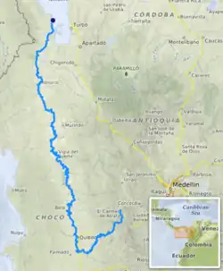 Atrato river rises in the slopes of the Western Cordillera, flows to the Gulf of Urabá and total length is about 650 km (400 mi).