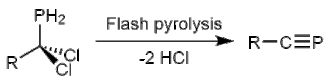 Scheme showing the flash pyrolysis of a generically substituted dichloromethylphospine to yield a substituted phosphaalkyne.