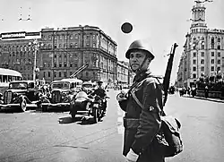 Militsiya officer at a post on Gorky Street, Moscow, August 1941.