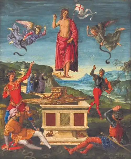 Image 23Depictions of the Resurrection of Jesus are central to Christian art (Resurrection of Christ by Raphael, 1499–1502). (from Jesus in Christianity)