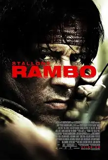 Sylvester Stallone's John Rambo aims a bow-and-arrow at an unseen target.