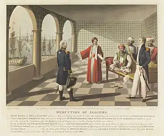 A man seated on a sofa, with three attendants in Algerian dress, receives two men in European style attire on a balcony whose arched windows overlook the harbor