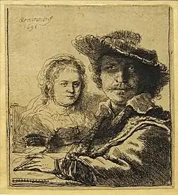 B19, Self-portrait with Saskia, etching, 1636, one of the "official" etched self-portraits.[34]