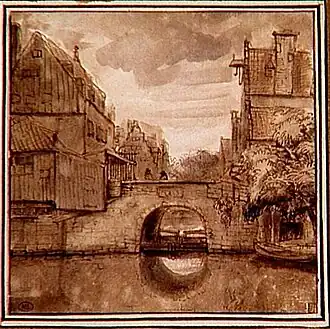 Rembrandt van Rijn. View of the Grimnessesluis in Amsterdam. Pen and brown ink, brown wash.