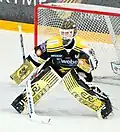 Finnish ice hockey goaltender Richard Ullberg guarding the hockey net while playing for SaiPa Lappeenranta in Lappeenranta, Finland.