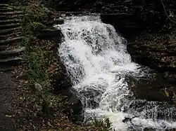 A wide slide falls, with a hiking trail on the left. Native stone stairs for the trail ascend the glen. Newly fallen leaves litter the rocks on the edge of the stream.
