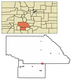 Location of the Town of Center in Saguache and Rio Grande counties, Colorado.