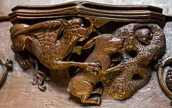 A misericord in Ripon Cathedral, allegedly the inspiration for the griffin and rabbit hole in Lewis Carroll's Alice in Wonderland.