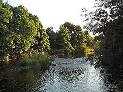 River Wharfe east of Otley looking upstream, 53°54′38.72″N 1°40′37.97″W﻿ / ﻿53.9107556; -1.6772139