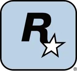 A capital "R" in black with a five-pointed, white star with a black outline appended to its lower-right end. They lay on a light-blue square with a black outline and rounded corners.