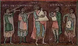 1050 A.D., Germany. King David playing psaltery with Aethan (with pipes), Idithun (with bell chimes), Heman (with lyre) and Asaph (with vielle/viol). Heidelberg Psalter, Roma, Bibl. Apostolica Vaticana, Pal. lat. 39, f. 44v