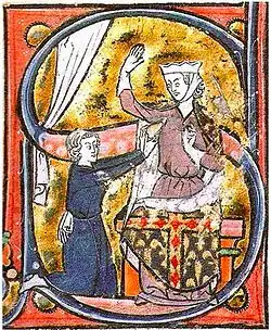 The earliest known possible visual depiction of a heart symbol, as a lover hands his heart to the beloved lady, in a manuscript of the Roman de la poire, 13th century