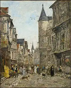 Rue Saint-Romain, Rouen (1895), oil on panel, 18 1/8 x 14 5/8 in. (46 x 37.2 cm) Frame: 26 3/4 x 23 1/2 x 2 1/8 in. (67.9 x 59.7 x 5.4 cm), Clark Art Institute