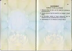 Pages 28 and 29 of a South African passport with an endorsement relating to foreign travel allowance (2007).