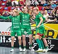 Viström (left) celebrating her first goal in the 2021–22 Swedish Super League final for Team Thorengruppen against Pixbo IBK.
