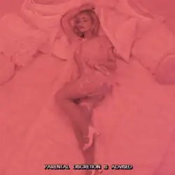 A pink-tinted image of Carpenter lying on a bed while holding a microphone, with the text "Parental Discretion Is Advised" at the bottom.