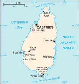 Map of Saint Lucia with Saint Lucia Channel labeled above the island's northern coastline.