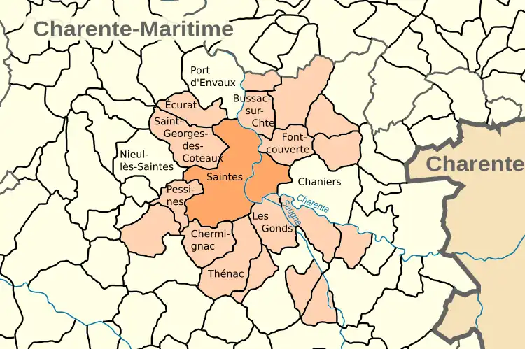 Map showing Saintes and its neighbouring communes