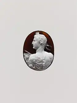 Cameo portrait of the Emperor Augustus; 41–54 AD; sardonyx; 3.7 by 2.9 by 0.8 centimetres (1.46 in × 1.14 in × 0.31 in); Metropolitan Museum of Art (New York City)