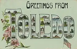 A postcard with "Greetings From Toledo" where the letters of the words contain images of the city