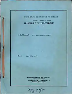Cover page of the 1954 transcript of the US Department of Interior Security Hearing Board of the investigation against Ruth A. M. Schmidt, a geologist employed by the USGS