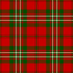 A "busy" tartan of broad red bands, medium green ones, and thin white ones