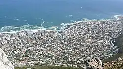 Fresnaye and Sea Point as seen from Lion's Head which surrounds the suburb on the East. Sea Point is to the North and the West separating the suburb from the Atlantic Ocean.