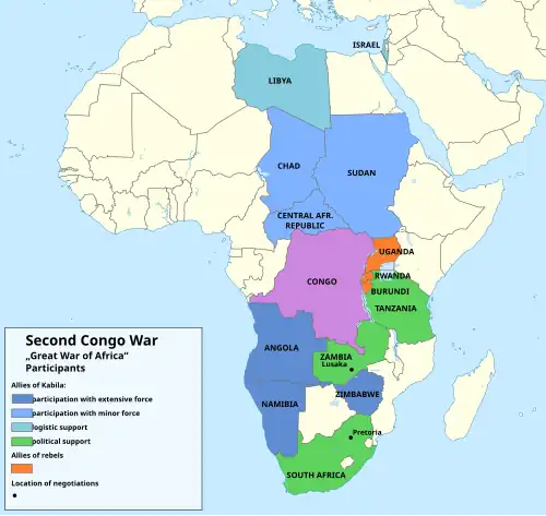 color map of African countries showing Uganda Rwanda and Burundi backing rebels against Kabila