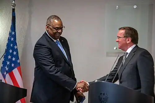 Pistorius and then-US Secretary of Defense Lloyd Austin in Berlin, Germany, 19 January 2023