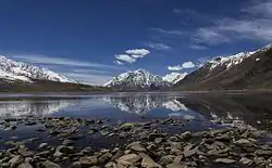 Reflection of mountains in Shandur Lake