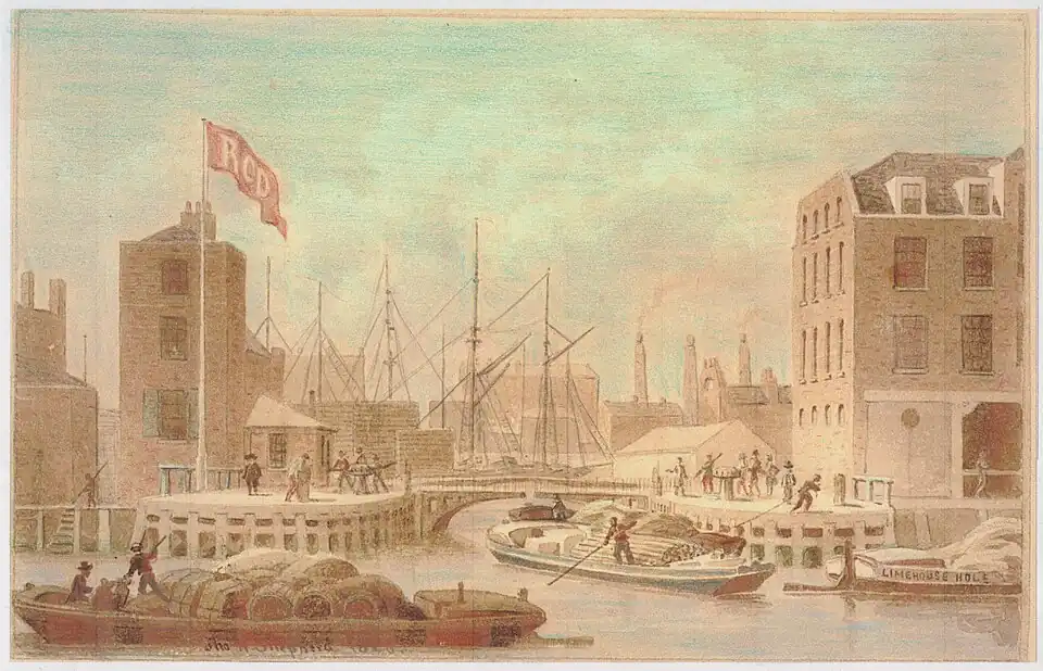 Artist's impression of Thames entrance, 1826 with its capstan-operated swing-bridge