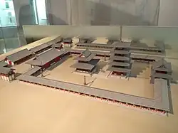 Model of the temple complex at the time of its construction, at Osaka Prefectural Chikatsu Asuka Museum.