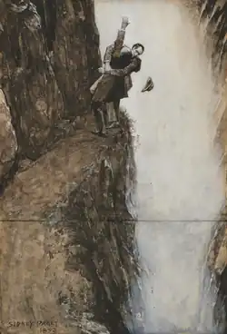 Holmes and Moriarty wrestling at the end of a narrow path, with Holmes's hat falling into a waterfall