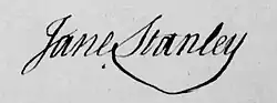 Signature of Lady Jane Stanley, from her 1801 will
