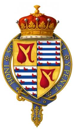 Quartered coat of arms of John Hastings, 2nd Earl of Pembroke, surrounded by the Order of the Garter