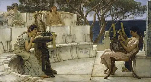 Alcaeus of Mytilene playing a cithara while Sappho listens in Sappho and Alcaeus by Lawrence Alma-Tadema (1881; The Walters Art Museum).