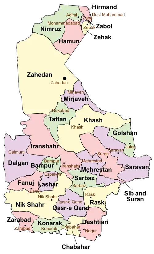 Location of Qasr-e Qand County in Sistan and Baluchestan province (bottom, purple)