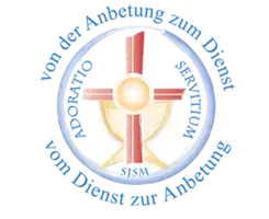 A simple drawing of a Christian cross with a chalice behind it and a communion wafer in front of it. German text is around the logo in a circle.