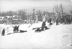 group of people, some on toboggans, on snowy white hillside