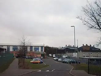 Smithycroft Secondary School, Riddrie, in 2008. New building after demolition of concrete circles building