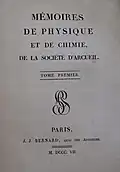 Title page to volume I of Mémoires de physique et de chimie de la Société d’Arcuei (1807)