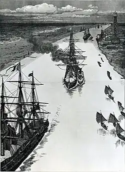 An 1884 engraving, possibly from the New Orleans Times-Picayune, showing New Orleans-bound ships entering the Mississippi River channel at Port Eads. The newly completed South Pass light is visible on the right.