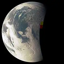 A color view of Earth assembled from 82 images as the spacecraft spun, at an altitude of 1,987 miles (3,197 kilometers), 10 minutes before closest approach