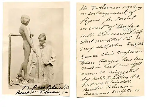 studio snapshot of Burt W. Johnson, working on his plaster model of The Spirit of Spanish Music (1916)