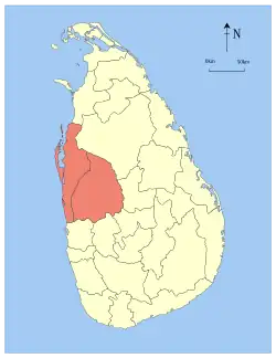 Map indicating the extent of North Western Province within Sri Lanka