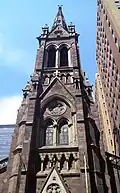 The steeple of the Church of St. John the Baptist (1872) in Manhattan, New York City