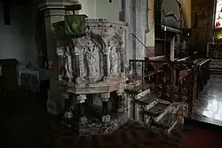 Pulpit featuring reliefs of archangels, from left: Michael, Gabriel, Uriel