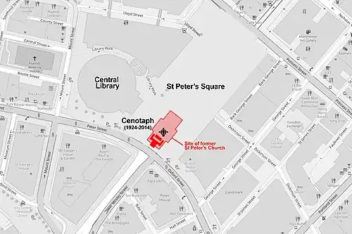 Between 1924 and 2014, the Manchester Cenotaph occupied the site of the demolished church