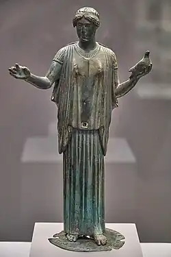 Wearing a peplos over a chiton, a later style